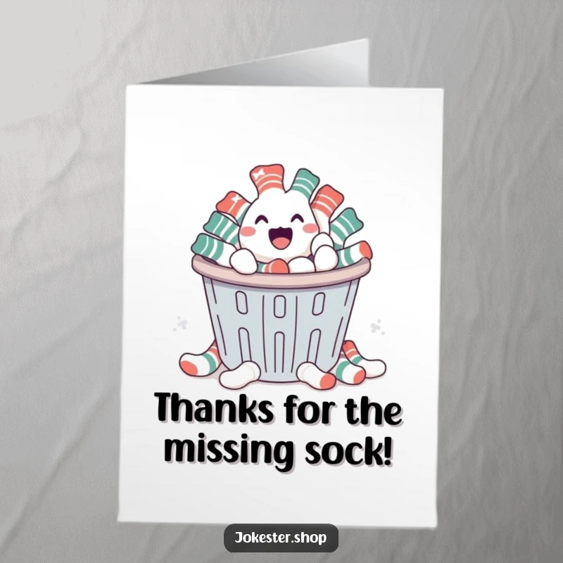Funny Free Printable Thank You Card: Socks escaping a laundry basket, giving a thumbs up for your kindness.