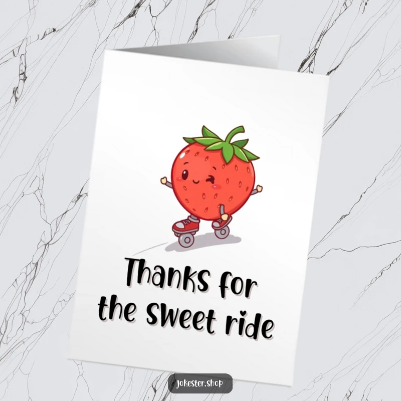 Funny Free Printable Thank You Card: A plump strawberry on roller skates, wobbling precariously down a hill, a downloadable.