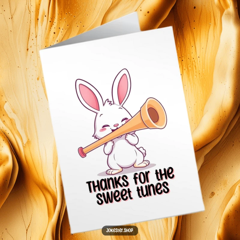 Funny free printable thank you card of a joyful rabbit enthusiastically blasting a gigantic kazoo, perfect for a quirky thank you.