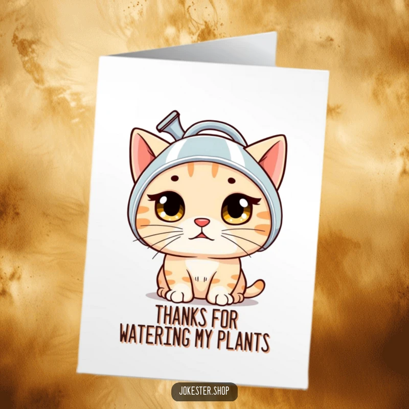 Funny Free Printable Thank You Card: A bewildered cat wearing a watering can as a helmet, showing thanks.