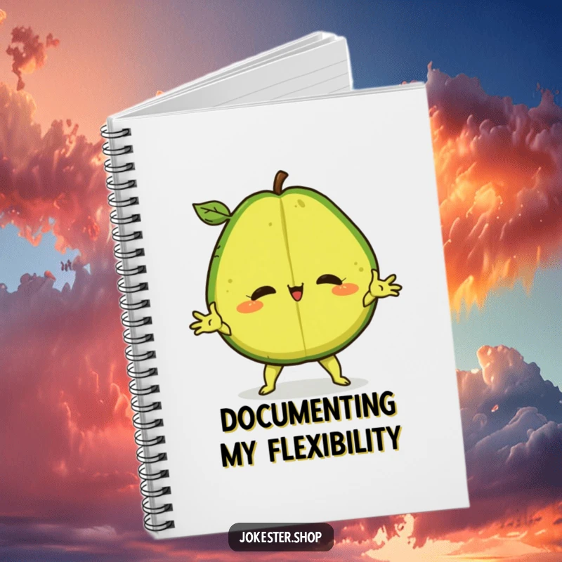 Funny Notebook with a confident avocado in a dramatic split, inspiring humorous writing and creativity.