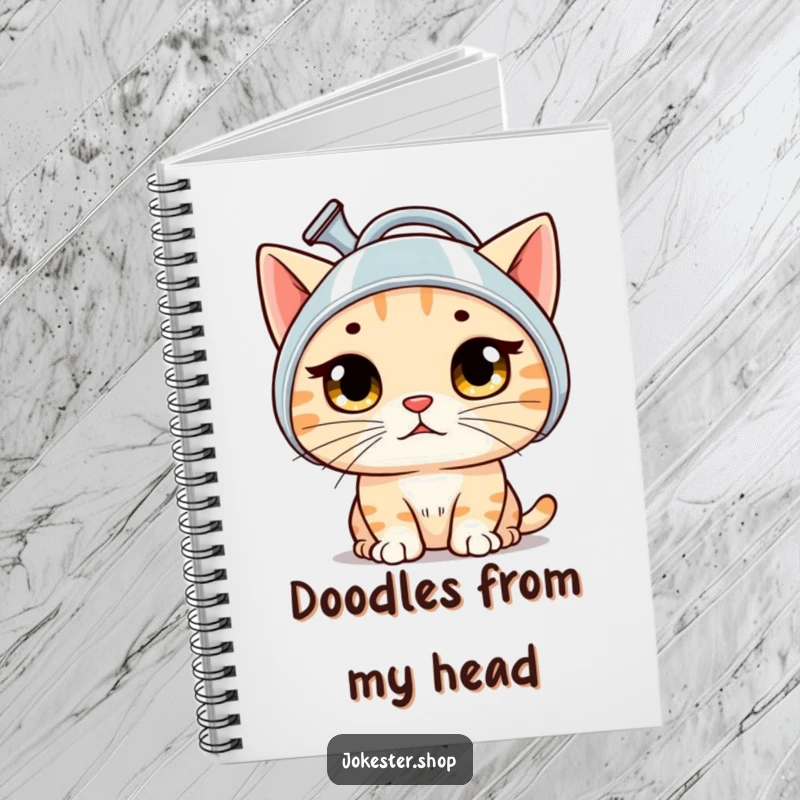Funny cat notebook featuring a bewildered cat wearing a watering can as a helmet, perfect for jotting down notes.