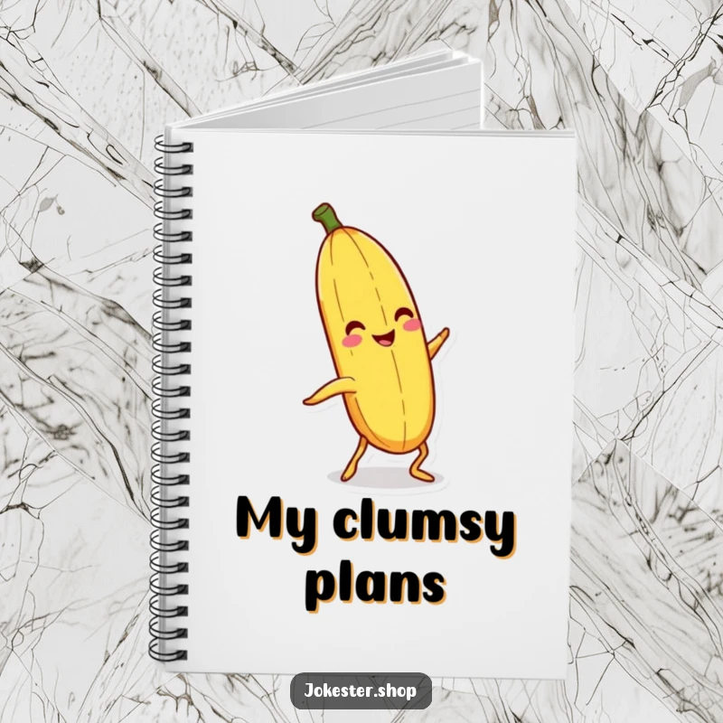 Funny banana peel with legs slipping on itself on a notebook cover, a funny gift.