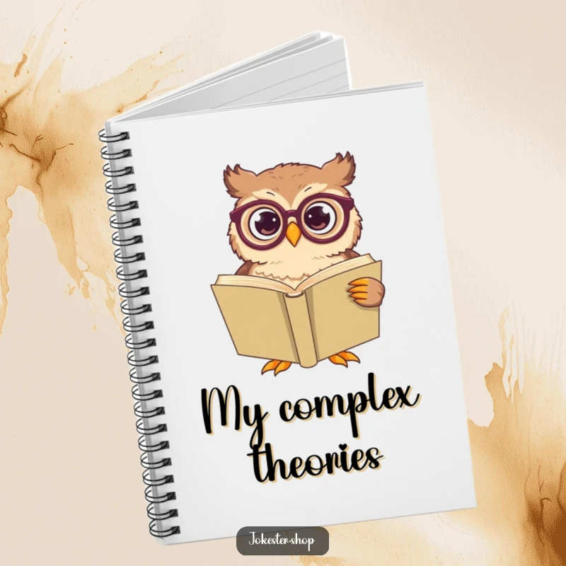 Funny owl wearing large spectacles, looking confused by a giant book, perfect for a notebook cover.