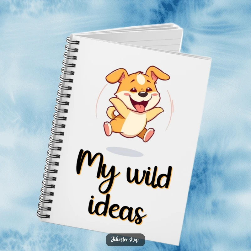 Funny dog spinning in circles, comically chasing its tail with a goofy grin, perfect for a notebook cover.