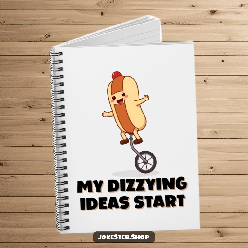 Funny hot dog character balancing on a unicycle, featured on a notebook cover, ideal for jotting down humorous notes.