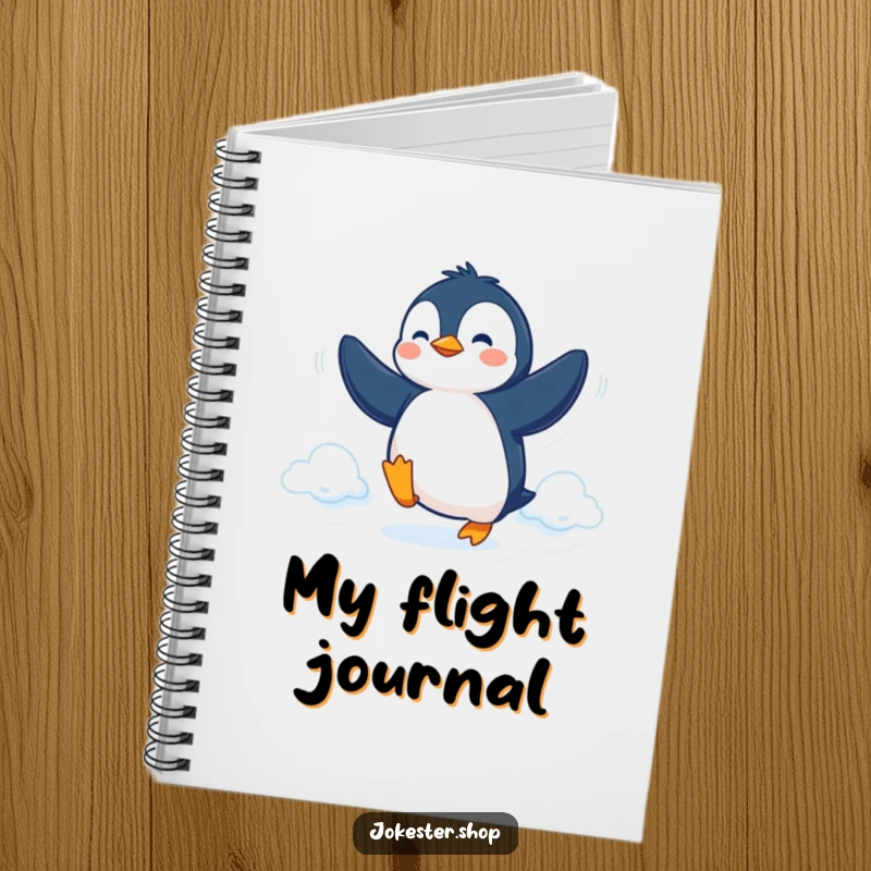 Funny Notebook with a determined penguin attempting flight with flippers, inspiring humorous writing and goal achievement.