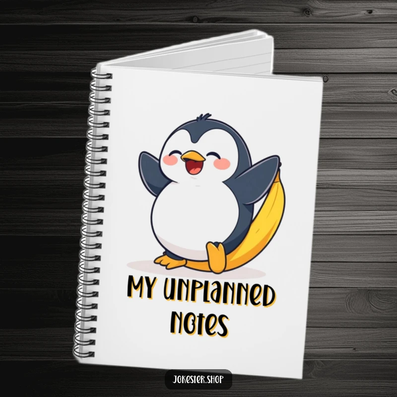 Funny notebook cover with a plump penguin dramatically slipping on a banana peel with exaggerated surprise.