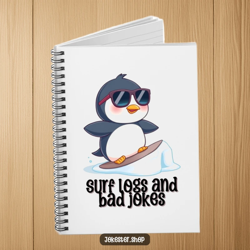 Funny notebook cover with a penguin in sunglasses surfing a tiny ice floe, a cool and humorous prompt for writing.