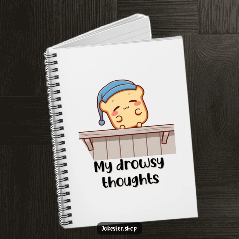 Funny sleepy bread loaf wearing a nightcap, falling off a shelf, a notebook with a humorous cartoon cover of a tired character, excellent funny gift.