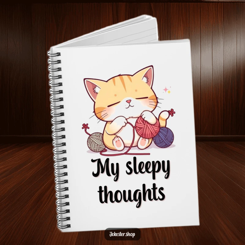 Funny notebook with a sleepy cat character attempting to juggle yarn balls, looking drowsy, ideal for humorous journaling and nap planning.