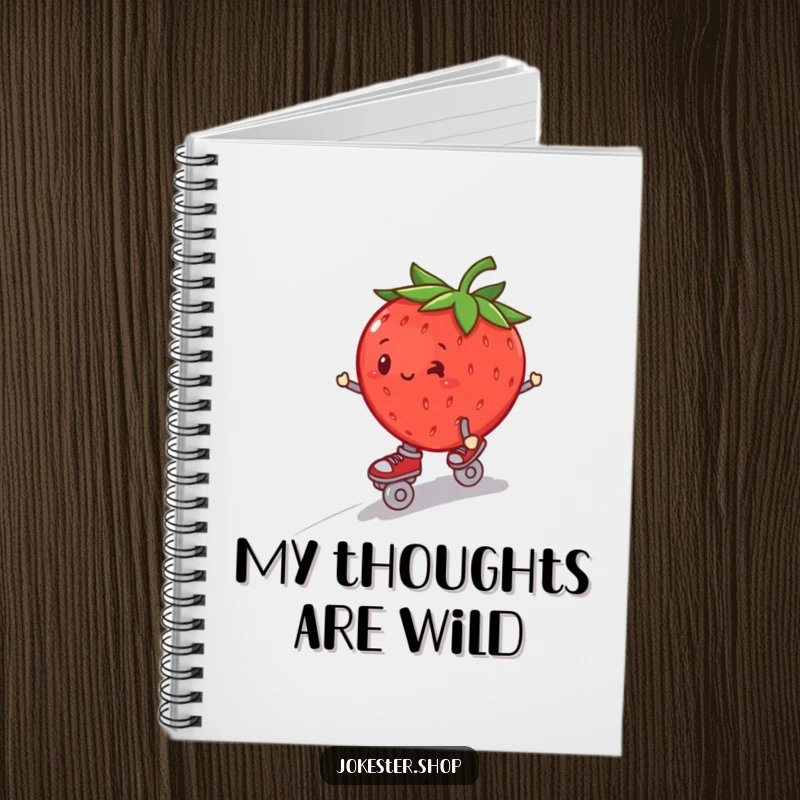 Funny plump strawberry on roller skates, wobbling downhill, on the cover of a lined notebook.