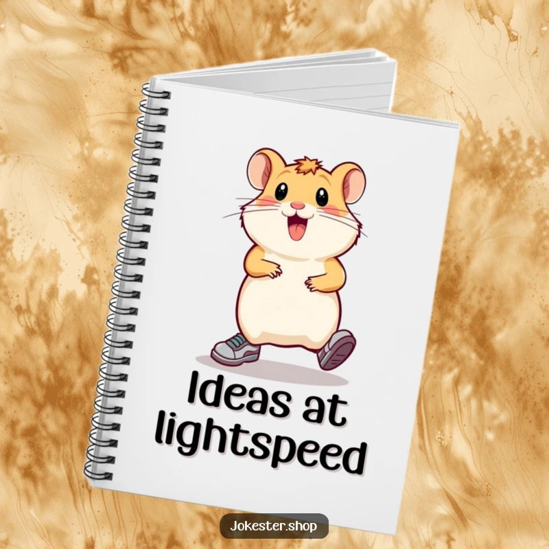 Funny hamster wearing tiny running shoes, comically sprinting in place, perfect for jotting down funny thoughts in this notebook.