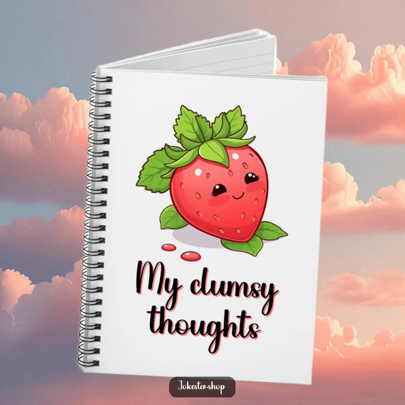 Funny Notebook with a blushing strawberry tripping over its leaves, inspiring sweet and humorous writing.