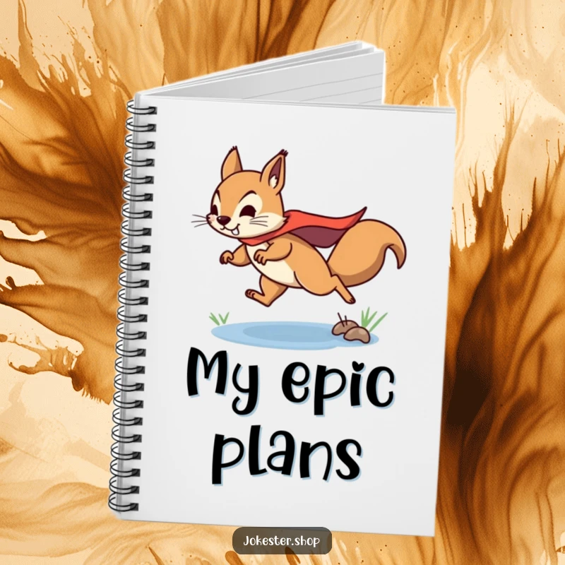Funny squirrel notebook featuring a determined squirrel in a superhero cape, leaping over a puddle, for jotting down plans.