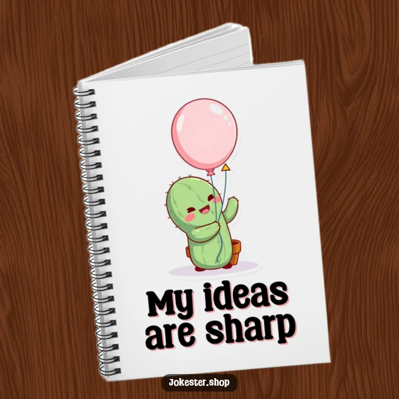 Funny cactus character attempting to hug a balloon on a notebook cover, inspiring humorous thoughts and creative writing.