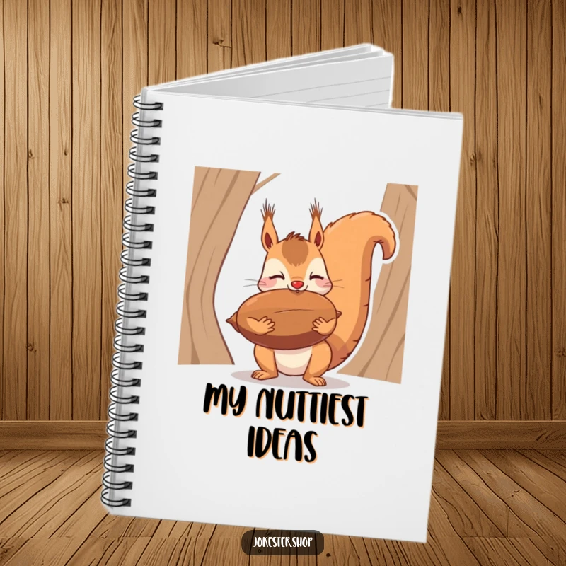 Funny notebook cover with a squirrel struggling to balance a large nut on its nose, a humorous prompt for writing.