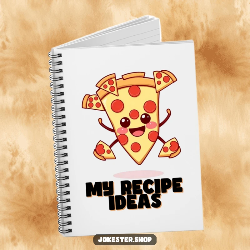 Funny pizza notebook, smiling slice juggling pepperoni slices, humorous and practical for jotting down tasty ideas.