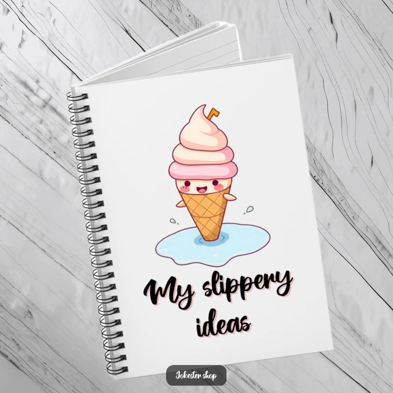 Funny notebook cover with a happy ice cream cone wearing a hat, comically slipping on its melted puddle, designed for jotting down ideas.