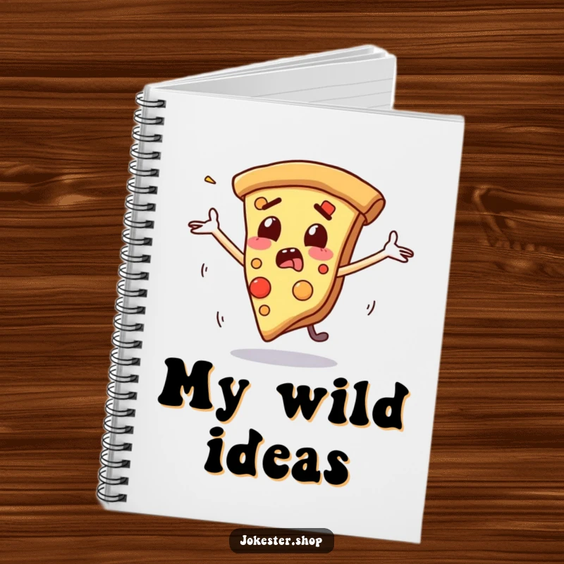 Funny notebook with a startled slice of pizza character with flailing arms as it slides, perfect for jotting down ideas humorously.