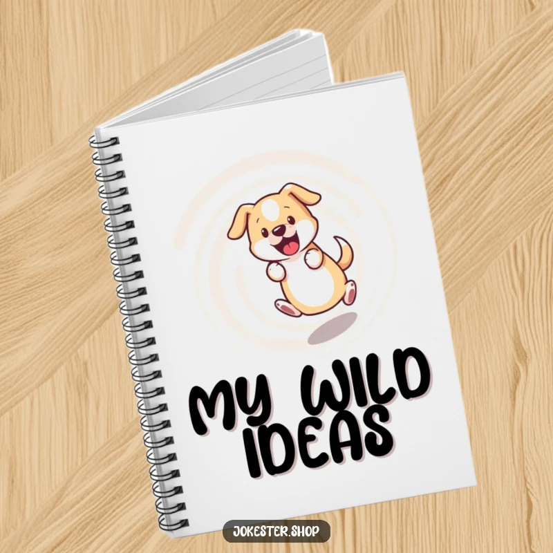 Funny dog notebook, bewildered dog chasing its tail in a dizzying spiral, humorous and practical for jotting down ideas.