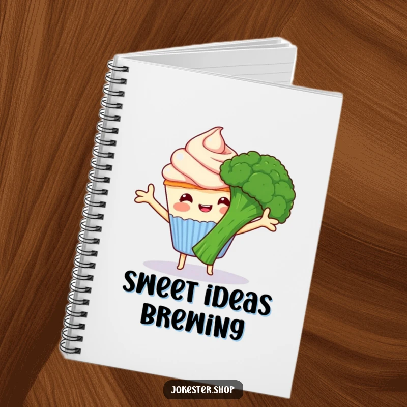 Funny happy cupcake with frosting arms hugging grumpy broccoli, a notebook with a humorous cartoon cover of food friends, excellent funny gift.
