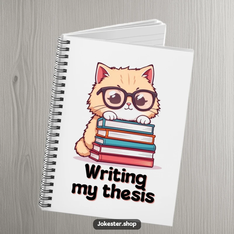 Funny cat notebook, fluffy cat wearing oversized glasses, trying to balance books, humorous and practical for taking notes.