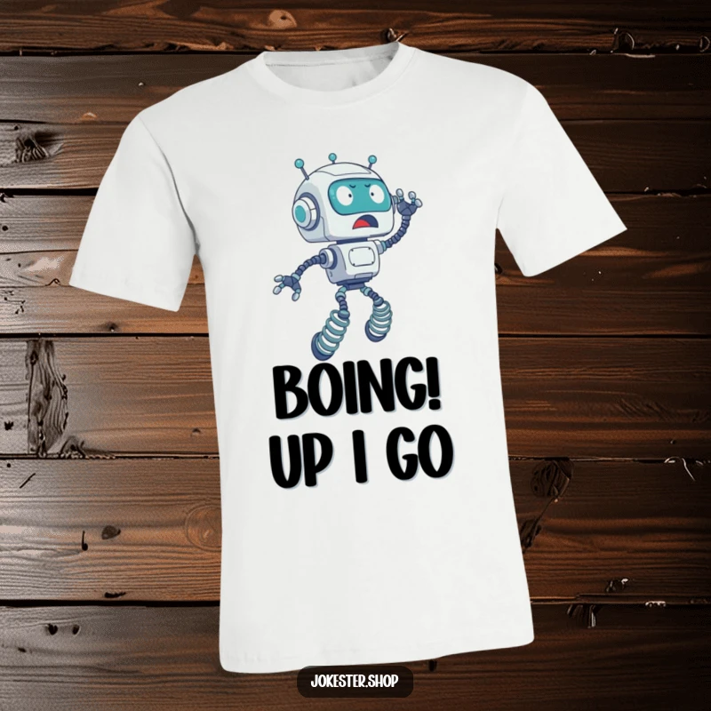 Funny t-shirt depicting a surprised robot with spring-loaded legs accidentally launching high into the air, capturing a moment of chaos.