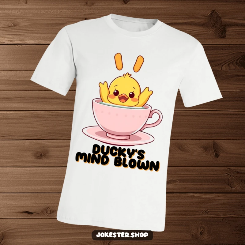 Funny T-Shirt: A rubber ducky in a state of surprise, floating upside down within a teacup, capturing a moment of comical disorientation.