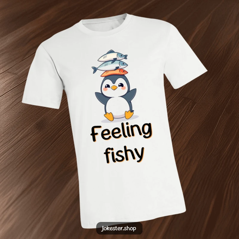 Funny t-shirt print of a cheerful cartoon penguin balancing a large stack of fish on its head, conveying playful skill and humor.