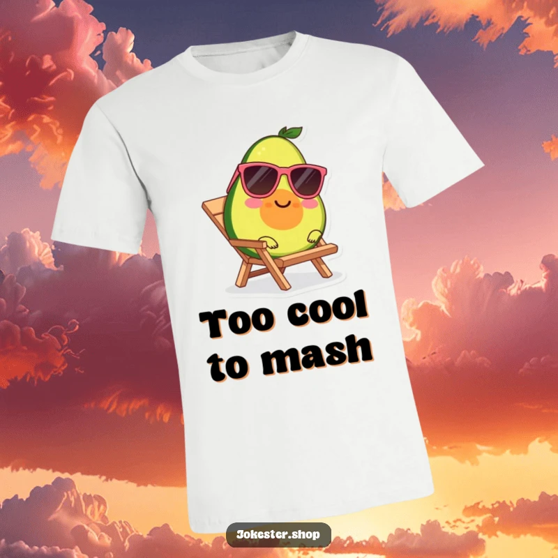 Funny t-shirt graphic of a smiling avocado wearing sunglasses, casually lounging on a miniature beach chair.