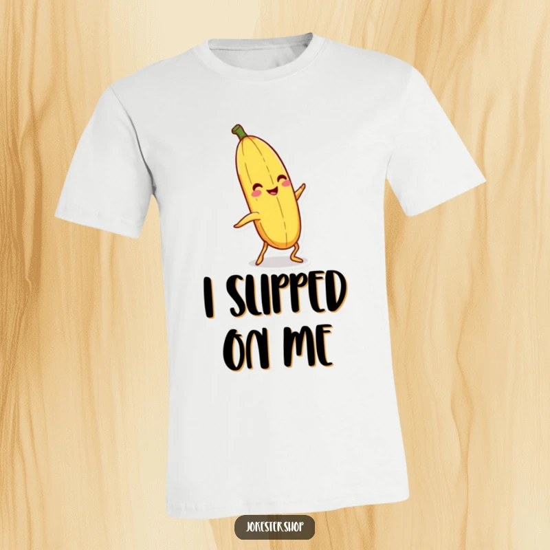 Funny banana peel with legs, slipping hilariously, on a t-shirt, a classic funny gift.