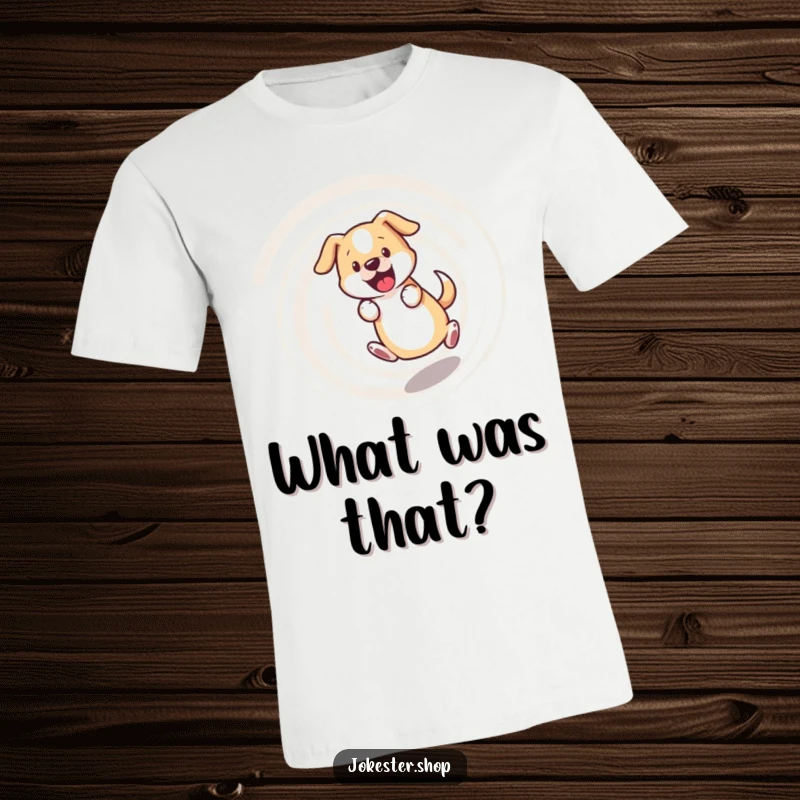 Funny dog t-shirt, bewildered dog chasing its tail in a dizzying spiral, a humorous and energetic design for casual wear.