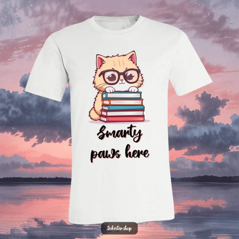 Funny cat t-shirt, fluffy cat wearing oversized glasses trying to balance a stack of books, a humorous and quirky design.