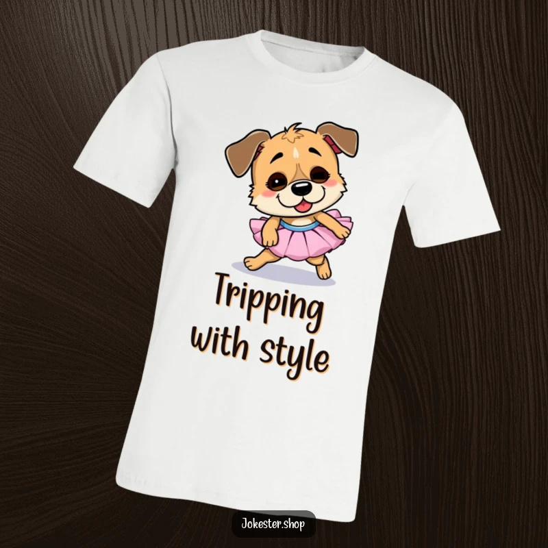 Funny dog t-shirt, wearing a ballet tutu, comically stumbling and tripping, showcasing pure, unadulterated goofy charm.