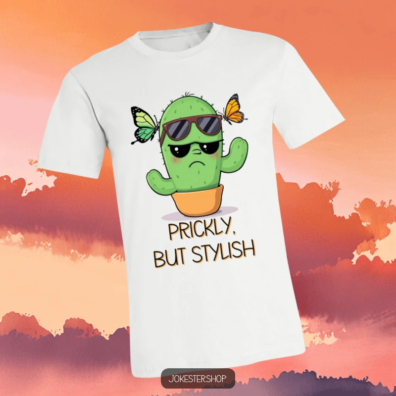 Funny T-Shirt: A grumpy cactus in cool sunglasses looking utterly annoyed by a delicate butterfly, capturing a humorous contrast between styles.