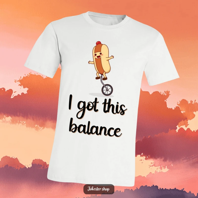 Funny hot dog character attempting to balance on a unicycle, printed on a soft t-shirt, perfect for humor lovers.