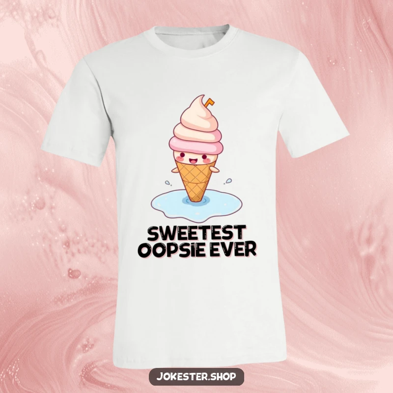 Funny t-shirt depicting a happy ice cream cone in a tiny hat, comically slipping on a puddle of melted ice cream, embracing the mess.