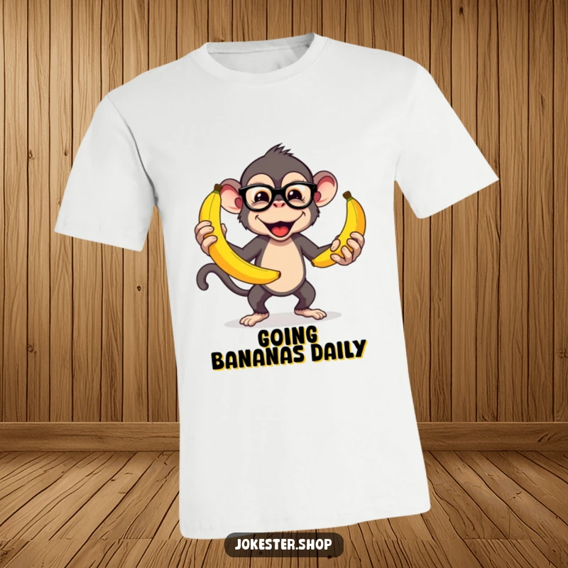 Funny t-shirt of a mischievous monkey wearing glasses, juggling multiple large, colorful bananas with impressive, comical dexterity.
