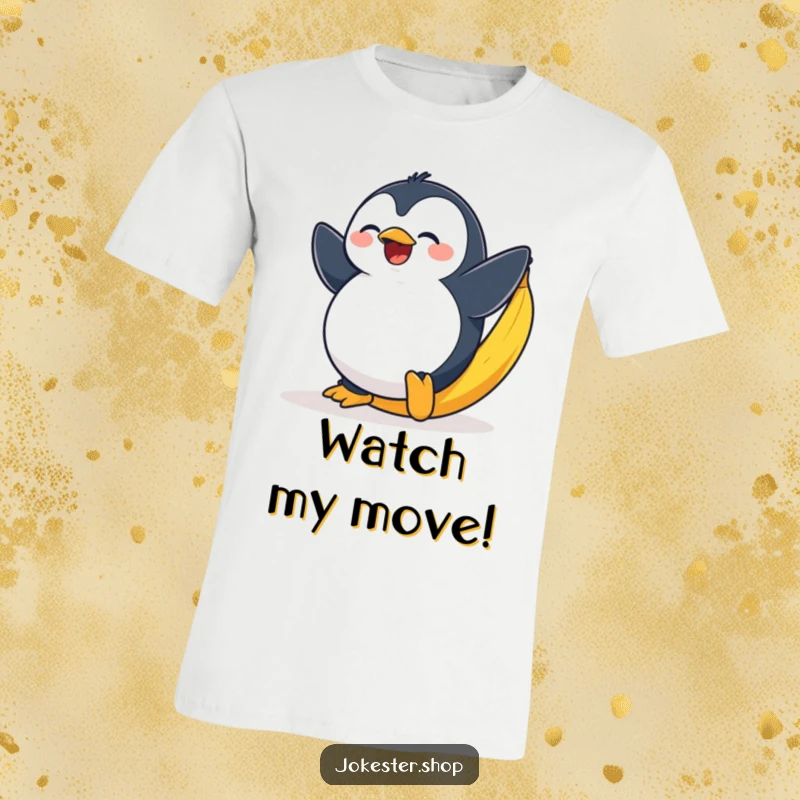 Funny t-shirt illustration of a plump penguin dramatically slipping with exaggerated surprise on a banana peel.