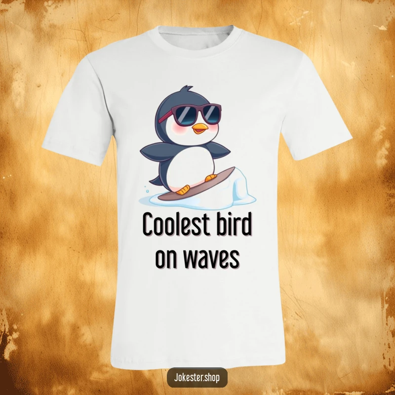 Funny t-shirt graphic of a penguin wearing sunglasses, surfing on a small ice floe, exuding a cool and comical beach vibe.