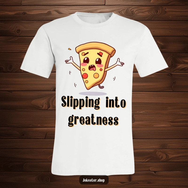 Funny t-shirt print of a startled slice of pizza with cartoon arms flailing wildly as it slides unexpectedly, expressing relatable panic.