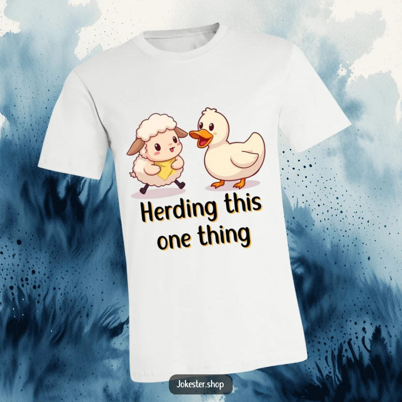 Funny sheep character comically failing to herd a very stubborn rubber duck. A humorous t-shirt for funny gift seekers.