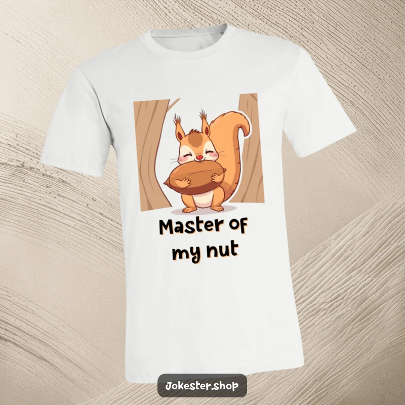 Funny t-shirt graphic of a squirrel intensely trying to balance a very large nut on its nose, a humorous depiction of concentration.