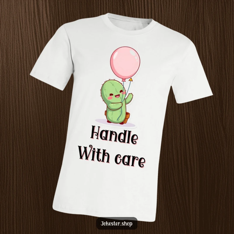 Funny cactus character comically hugging a balloon, illustrated on a t-shirt, displaying a humorous and slightly clumsy pursuit.