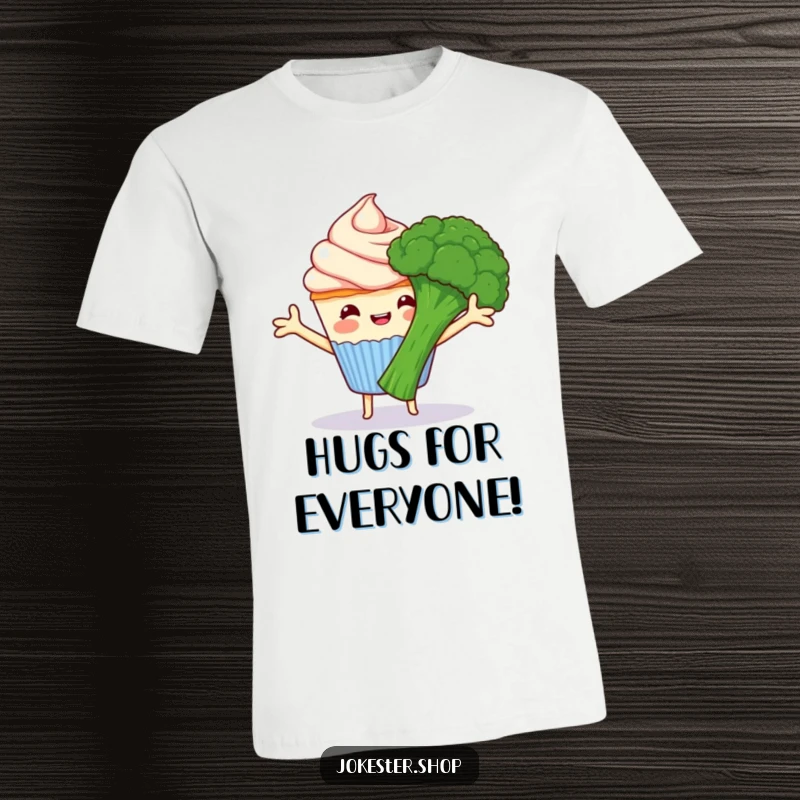 Funny happy cupcake with frosting arms hugging grumpy broccoli, cartoon contrast shirt for expressing sweetness, great funny gift.