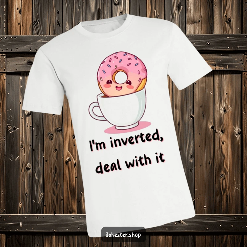 Funny T-shirt print of a giggling donut with sprinkles, happily floating upside down in a coffee cup.