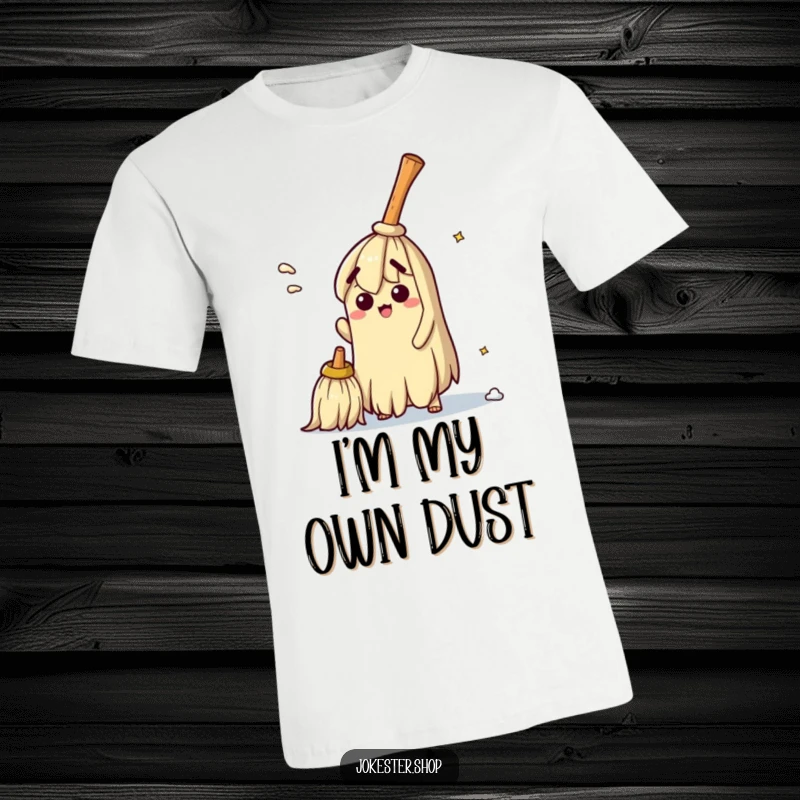 Funny t-shirt illustrating a bewildered broom trying to sweep itself, representing the comical difficulties and absurdities of household cleaning tasks.