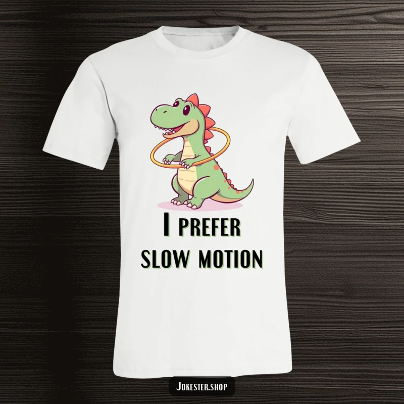 Funny t-shirt depicting a clumsy dinosaur hilariously failing while trying to hula hoop, falling over comically.