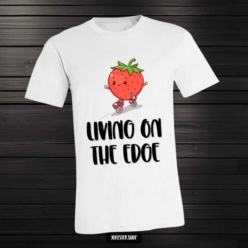 Funny plump strawberry wearing roller skates, wobbling down a hill, printed on a funny graphic tee.